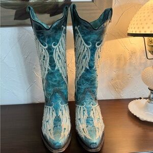 Corral Teal and Cream Floral Cowgirl Boots 8